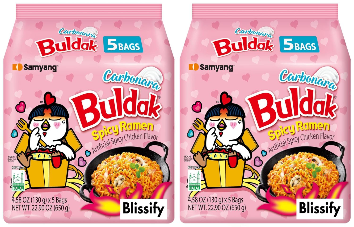 Blissify - Korean Import Hot Chicken Flavour Carbo nara Noodles - Fire Fried Super Hot Spicy PINK Noodle (128g x 10) - HALAL - By Buldak