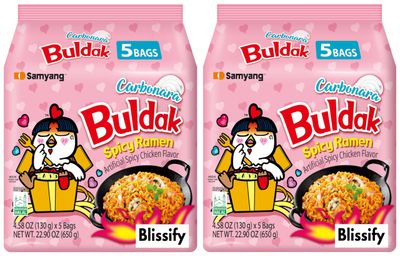Blissify - Korean Import Hot Chicken Flavour Carbo nara Noodles - Fire Fried Super Hot Spicy PINK Noodle (128g x 10) - HALAL - By Buldak