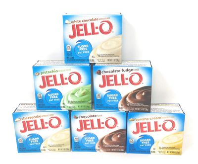 Jell-O Sugar Free Fat Free Pudding &amp; Pie Filling Bundle of Six: Chocolate, Banana Cream, White Chocolate,Cheesecake, Pistachio and Chocolate Fudge (6 Boxes About 1 Ounces Each)