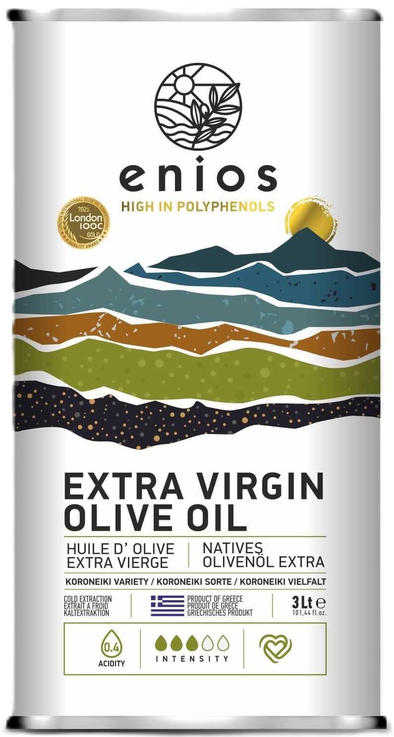 Enios Greek (Kalamata) Extra Virgin Olive Oil 3L. First Cold Pressed, Low Acidity 0.27% Rich in Polyphenols. New Harvest 25-26. Best Before: Aug-2027