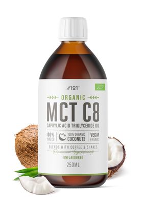Organic C8 MCT Oil - 250ml (Glass) - 99%+ Cold Pressed C8 - Boosts Ketones 4X Versus Other MCTs - Sustainably Sourced by Alpha01