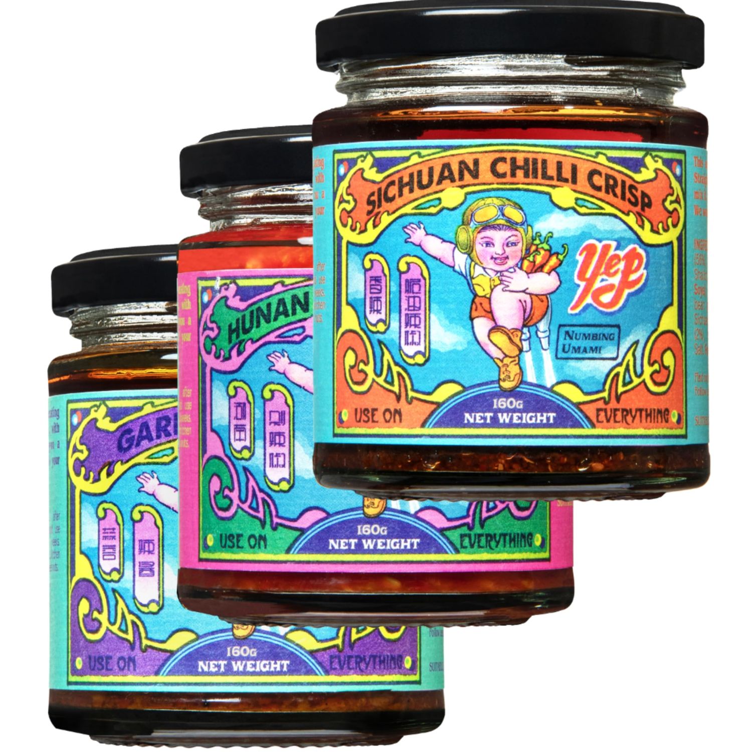 Yep Kitchen Plant Based Bundle 3 x 160g Sichuan Crispy Chilli Oil, Garlic Chilli Oil, &amp; Hunan Salted Chillies Vegan-Friendly Small Batch, Award-Winning Flavour Chinese Snacks