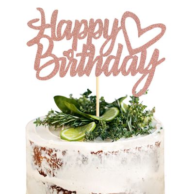 Sumerk Rose Gold Glitter Happy Birthday Cake Topper Heart Cake Toppers for Birthday Anniversary Party Decorations Supplies - Pack of 1