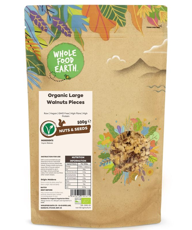 Wholefood Earth Organic Large Walnuts Pieces 500g Raw Vegan GMO Free High Fibre High Protein Certified Organic