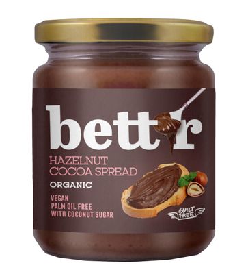 Bett r Hazelnut Cocoa Cream - 100% Organic, Vegan and Palm Oil Free. Sweetened with Coconut Sugar - 250g
