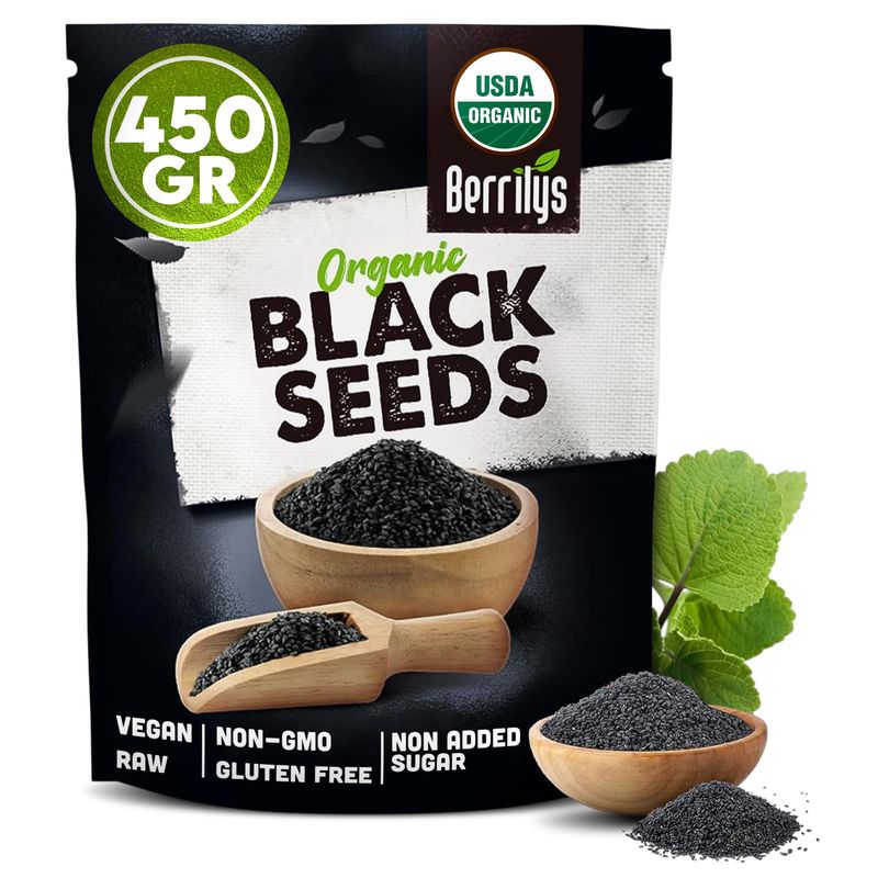 Berrilys Organic Black Cumin Seeds, 450g - Nigella Sativa (Kalonji), Non-GMO, Vegan, Gluten Free Black Seeds for Health Benefits, Culinary Use, Digestion, Flavoring &amp; Aromatic Spice