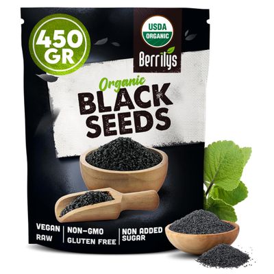 Berrilys Organic Black Cumin Seeds, 450g - Nigella Sativa (Kalonji), Non-GMO, Vegan, Gluten Free Black Seeds for Health Benefits, Culinary Use, Digestion, Flavoring & Aromatic Spice