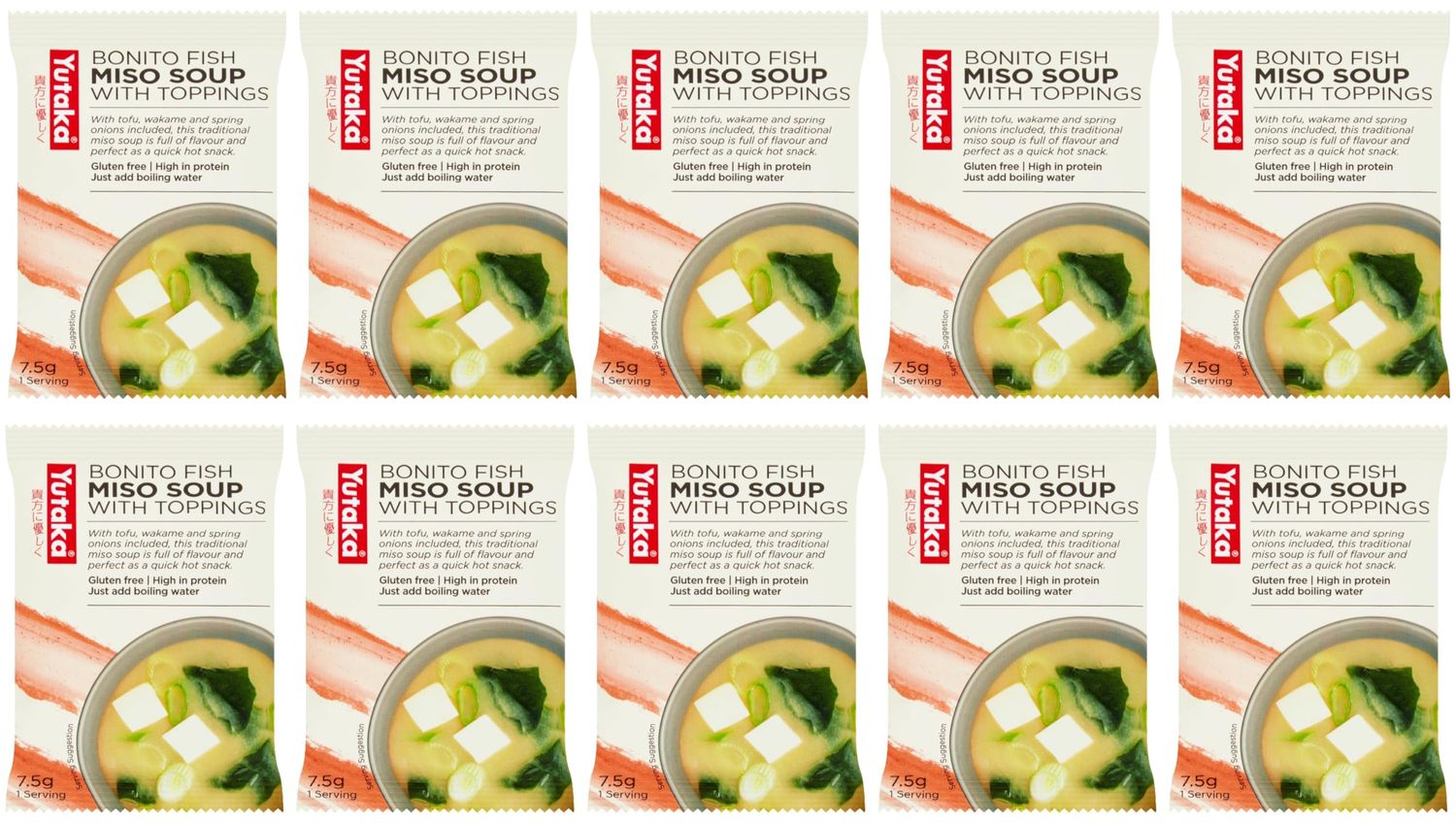 Yutaka - Instant Bonito Fish Miso Soup with Toppings 7.5g, Pack of 10 - Japanese-Style Freeze-Dried Soup with Tofu, Seaweed &amp; Spring Onion - Gluten Free, High Protein, Quick &amp; Authentic Hot Snack