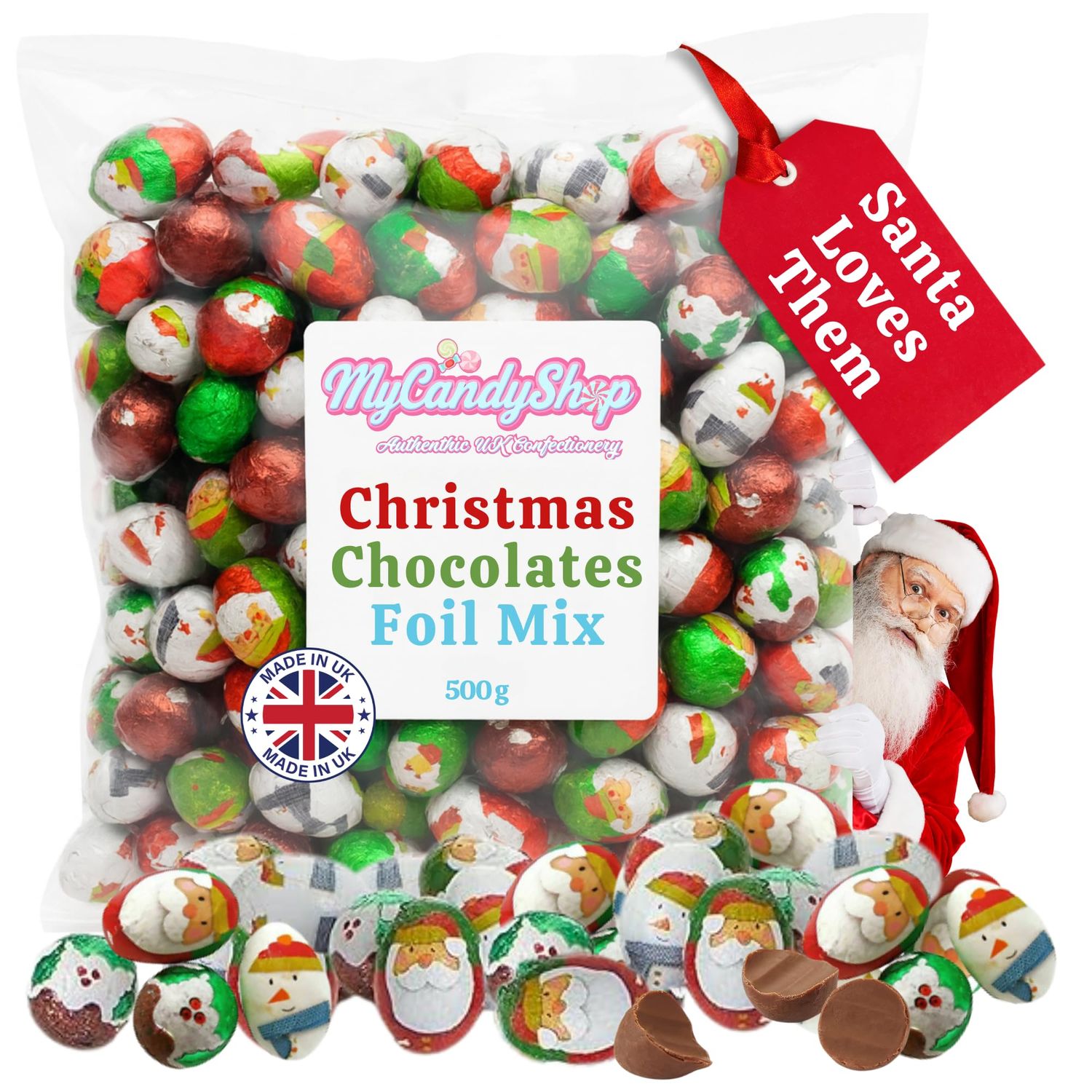 Christmas Chocolates Foil Mix 500g - Chocolate Santas, Snowmen &amp; Puddings - Solid Chirstmas Balls - Christmas Santa Chocolate - For Table Decoration &amp; Stocking Fillers
