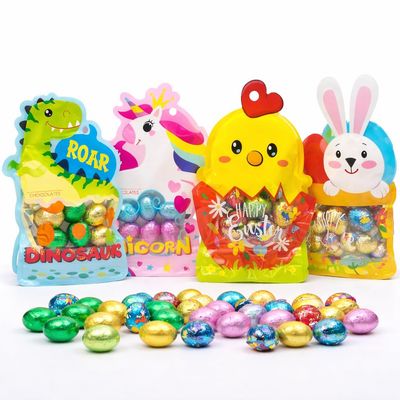 Easter Chocolate Mini Eggs Bulk Buy- Foil Wrapped Milk Chocolate with Hazelnut Pralines - 50g Unicorn, Bunny, Dinosaur &amp; Little Chick Mini Eggs Bags - Easter Gifts, Egg Hunt