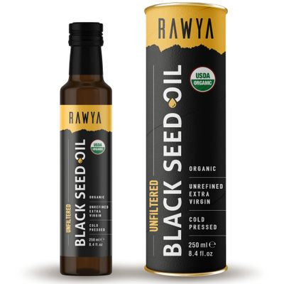 RAWYA Organic Black Seed Oil - 250ml, Unfiltered, Pure and Natural Kalonji (Nigella sativa), Cold-Pressed Black Cumin Seed Oil for Hair, Scalp and Skin Care, Great for Massage and Daily Wellness