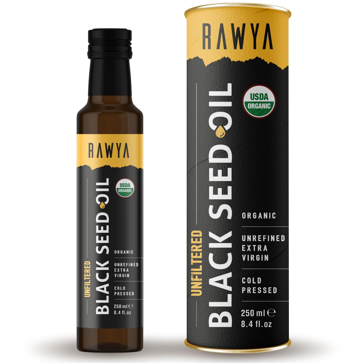 RAWYA Organic Black Seed Oil - 250ml, Unfiltered, Pure and Natural Kalonji (Nigella sativa), Cold-Pressed Black Cumin Seed Oil for Hair, Scalp and Skin Care, Great for Massage and Daily Wellness