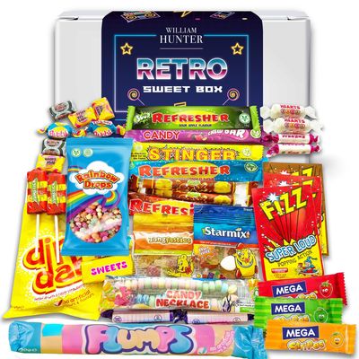 William Hunter Retro Sweets Gift Box - British Retro Sweet Hamper of Old Fashioned, Sour and Chewy Sweets Mix - Nostalgic Sweet Box Gift for Adults, Birthdays & Christmas - 30+ Items