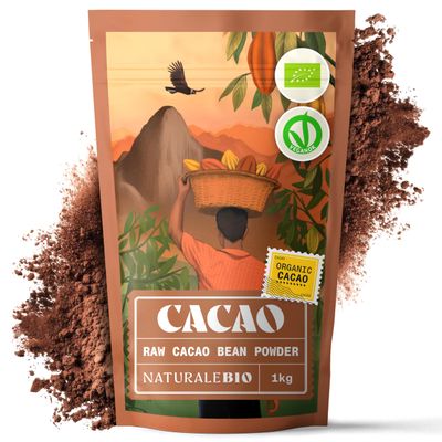 NaturaleBio Organic Cacao Powder 1kg. Unsweetened, Natural and Pure. Produced from Raw Cacao Beans of The Theobroma Plant. Source of Magnesium, Manganese and Phosphorus. Tested for Heavy Metals