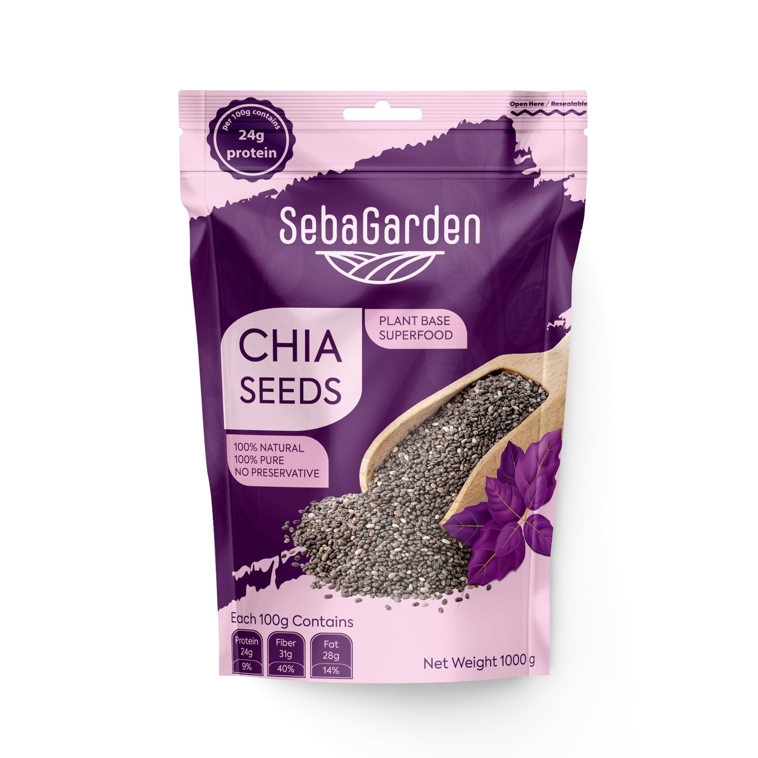 Seba Garden Premium Nutrient-Dense - Raw Black Chia Seeds with 5g Protein &amp; 10g Fiber for Salads, Yogurt &amp; Smoothies, Non-GMO, Vegan, Gluten-Free, Keto &amp; Paleo (1 kg)