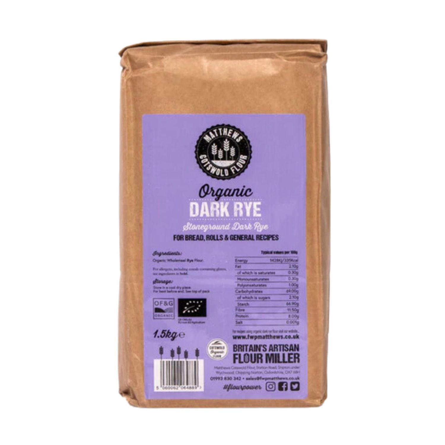 Matthews Cotswold Organic Stoneground Wholegrain Dark Rye Flour - 1.5kg Bag (Single Bag)
