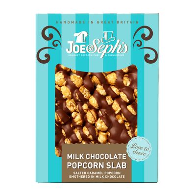 Joe &amp; Seph's Milk Chocolate Popcorn Slab (1x115g), Salted Caramel Gourmet Popcorn, Belgian Milk and White Chocolate Air-Popped Popcorn, 37% of Cocoa, Gifts for Men and Women, Festive Snacks