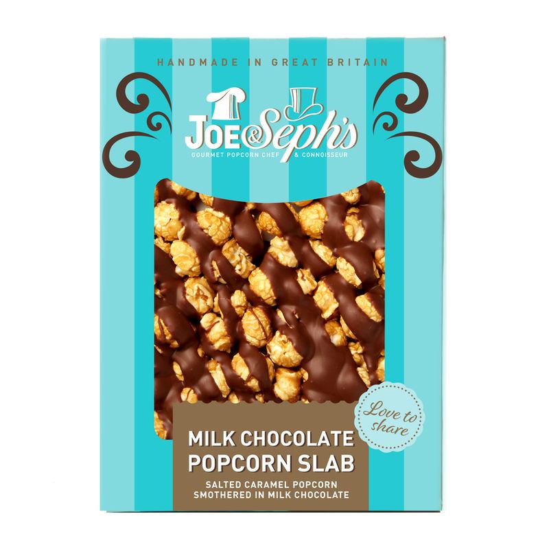 Joe &amp; Seph's Milk Chocolate Popcorn Slab (1x115g), Salted Caramel Gourmet Popcorn, Belgian Milk and White Chocolate Air-Popped Popcorn, 37% of Cocoa, Gifts for Men and Women, Festive Snacks