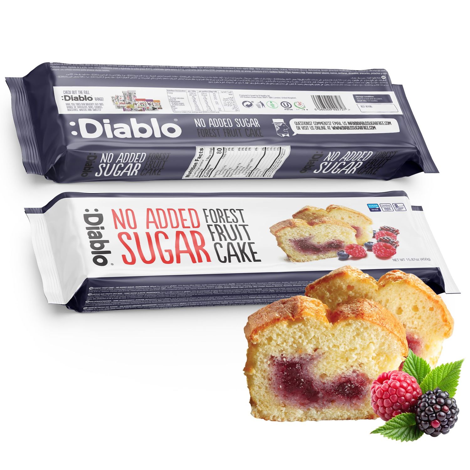 Diablo No Added Sugar Forest Fruit Cake - Dessert Sweetened with Maltitol, Low Sugar Snack for All, Individually Wrapped Cake Treats Ideal as Lunch Box Snacks and Gifting Occasions - 450g Pack of 1