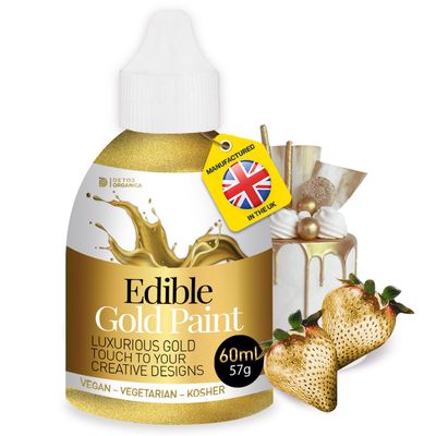 Gold Edible Paint 60 ml - Edible Gold Paint for Cake Decorating - Food Colour Liquid to Use with Sponge, Brush or Thinned with Airbrush - Vegan, Vegetarian Suitable