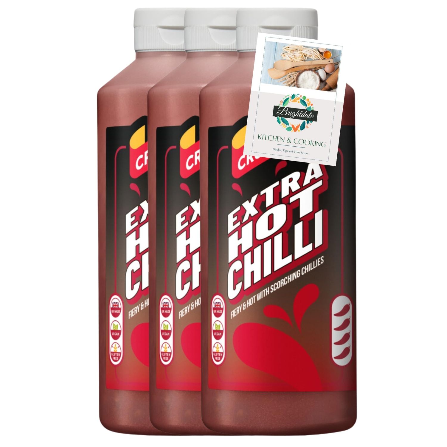 Chilli Sauce Bundle with Crucials Extra Hot Chilli 500ml 3 Pack + Brightdale Kitchen Booklet