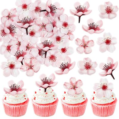 Blumomon 50pcs Edible Cherry Blossom Cupcake Toppers Picks Cherry Blossom Cupcake Decorations Spring Bridal Engagement Anniversary Baby Shower Birthday Party Cupcake Decorations Supplies