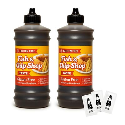 Traditional Gluten Free Chip Shop Vinegar 2 x 315ml - Non-Brewed Condiment - Coeliac-Friendly - Authentic Fish & Chip Taste - Includes 3 WoodzyCo Salt Sachets - Ideal for Home & Takeaways