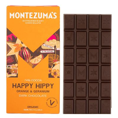 Montezuma's Happy Hippy, 74% Cocoa, Dark Chocolate With Orange &amp; Geranium, Gluten Free, Naturally Vegan &amp; Organic, 90g Bar
