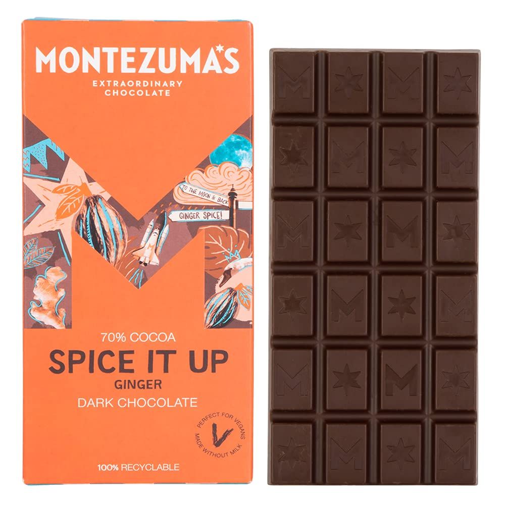 Montezuma's Spice It Up, 70% Cocoa, Dark Chocolate With Ginger, Gluten Free &amp; Naturally Vegan, 90g Bar