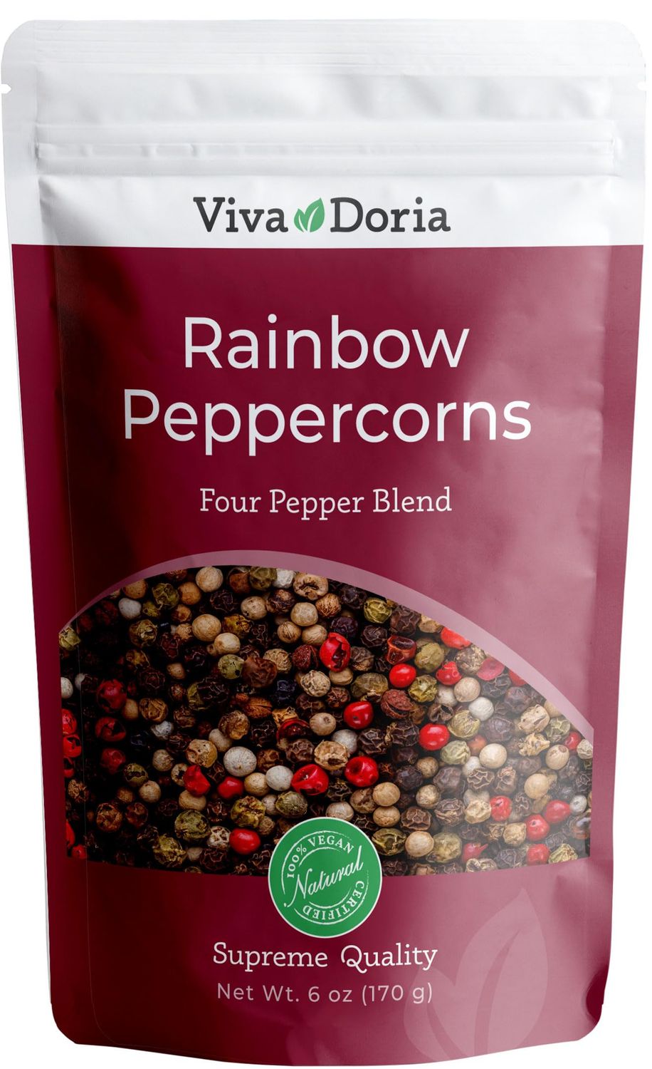 Viva Doria Rainbow Peppercorns - Four Peppercorn Blend, Whole Black, Green, Pink and White Pepper, Steam Sterilized 170 gram (6 oz) For Grinder Refill