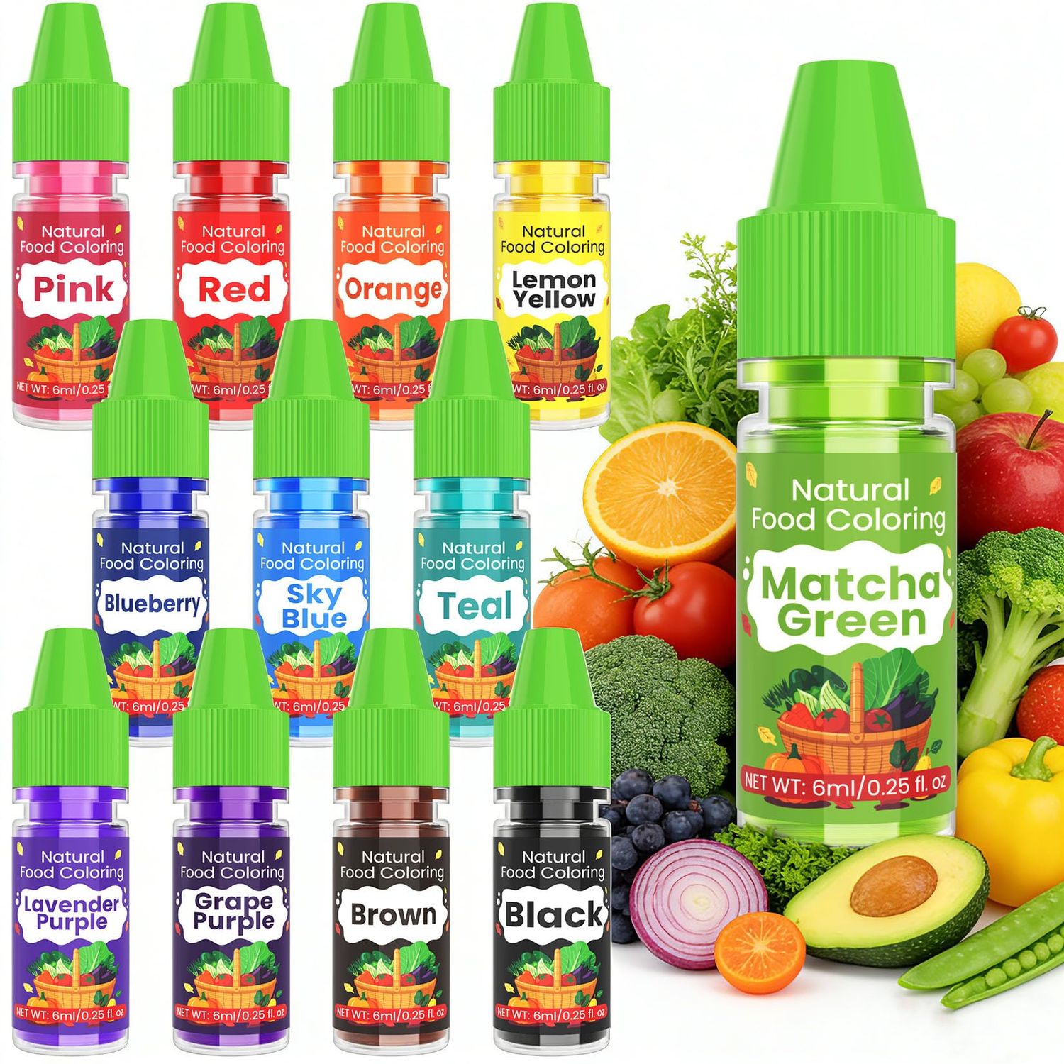Natural Food Colouring Gel - 12 Colors Plant Based Dye Free Food Colouring, Liquid Natural Food Dye for Baking, Cookies, Easter Egg, Icing, Dessert Decorating, Fondant, Slime- 6ml