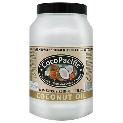 Raw Extra Virgin Odourless Coconut Oil 3L - Cold Pressed &amp; Unrefined Cooking Oil for Frying &amp; Baking - Vegan - CocoPacific