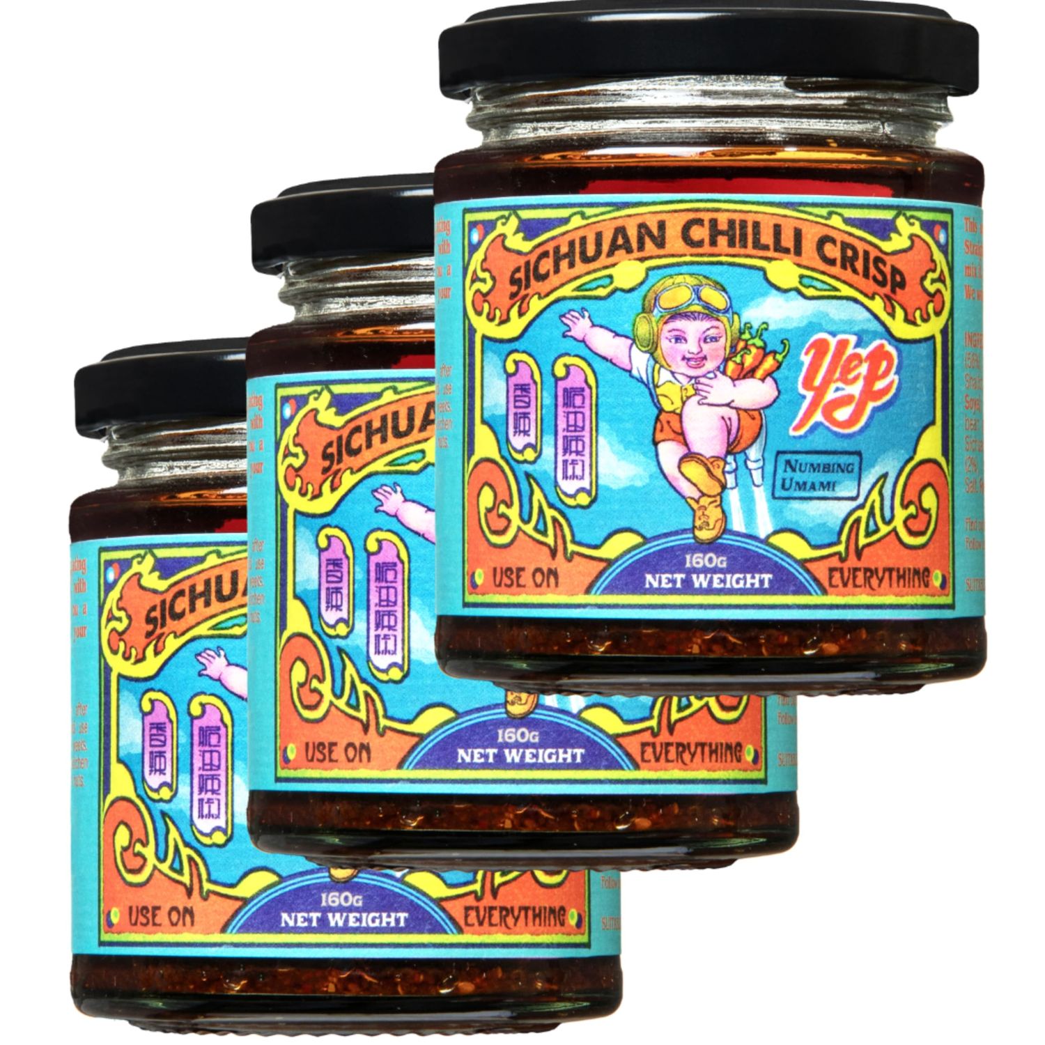 Yep Kitchen Sichuan Crispy Chilli Oil 3 x 160g Award Winning &amp; Small Batch Vegan Chilli Crisp Oil with Umami-Rich Flavour Perfect for Noodles, Dumplings &amp; Rice Authentic Sichuan Recipe
