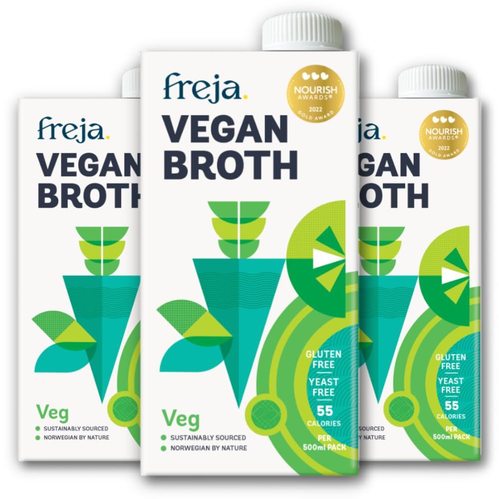 Freja Gourmet Vegan Broth Plant Based Premium Vegetable Broth Clear Liquid Bouillon, not from Vegetable Stock Cubes, Powder or Concentrate Low Calorie Yeast, Dairy &amp; Gluten Free 3 x 500ml