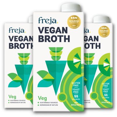 Freja Gourmet Vegan Broth Plant Based Premium Vegetable Broth Clear Liquid Bouillon, not from Vegetable Stock Cubes, Powder or Concentrate Low Calorie Yeast, Dairy & Gluten Free 3 x 500ml