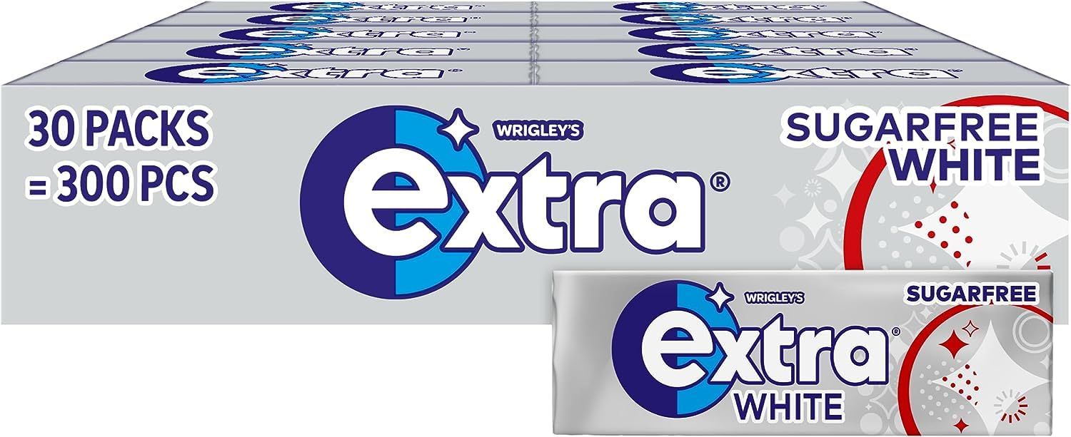 Wrigley's Extra White Peppermint Sugar Free Chewing Gum Bulk Multipack, 30 x 10 Pieces - Teeth Whitening Mint Gum - Air Travel Essentials, Festival Accessories &amp; Road Trip Snacks