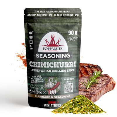 Poppamies Chimichurri BBQ Rub, Dry Marinade &amp; BBQ Seasoning Perfect for Fish, Vegies, Chicken, Pork, Beef - Great in The Grill, Barbecue, Oven, Boiler and Pan - Large Pack (90g)