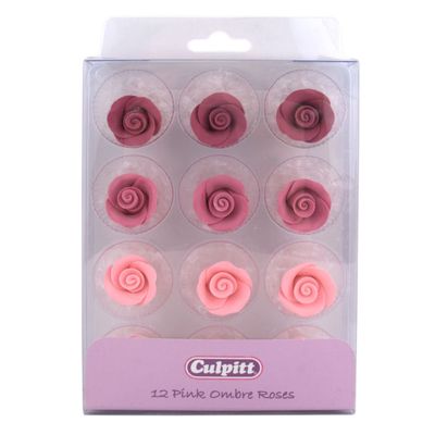 Culpitt Pink Ombre Sugar Roses, 20mm Sugar Paste Flower Decorations For Cupcakes, Cakes, Cookies, Valentines, Birthday, Wedding Cake, 12 Piece - Single Pack - Pack of 12