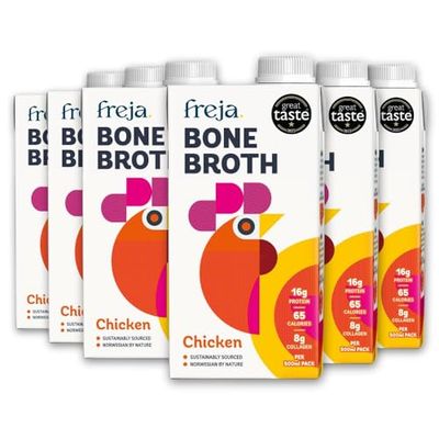 Freja Chicken Bone Broth Free Range Collagen, Protein & Amino Acids Low Carb & Gluten Free Clear Liquid Broth, not Chicken Stock Cubes, Powder or Concentrate 12 x 500ml
