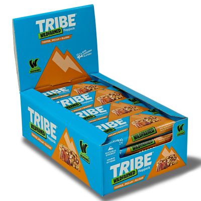 TRIBE x Wildfarmed Vegan Flapjack Bars - Toffee, Pecan &amp; Raisin Oat Bars (16 x 50g Multipack Box) Healthy Energy Snacks Source Of Fibre, Natural Ingredients Sustainable Oats Breakfast Bars