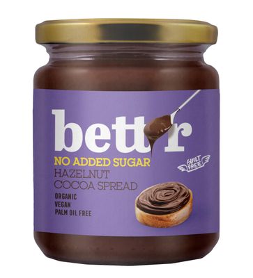 Bett r Hazelnut Cocoa Cream Without Added Sugar - 100% Organic, Vegan and Palm Oil Free - 250g