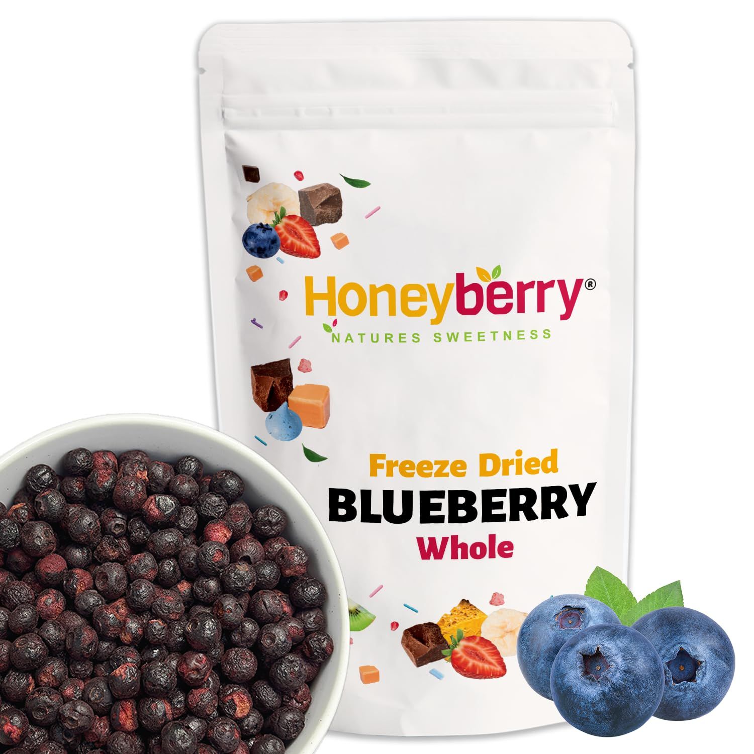 Freeze Dried Whole Blueberries 100g - 100% Natural Dehydrated Fruits - Crunchy &amp; Intense Flavour, No Added Sugar - Natural Baking Ingredient &amp; Topping, Snack or Smoothie Ingredient