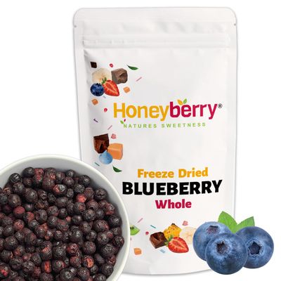 Freeze Dried Whole Blueberries 100g - 100% Natural Dehydrated Fruits - Crunchy &amp; Intense Flavour, No Added Sugar - Natural Baking Ingredient &amp; Topping, Snack or Smoothie Ingredient