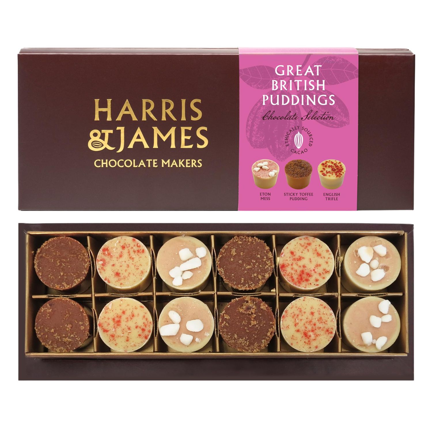 Harris &amp; James Great British Puddings 12 Piece Chocolate Selection Box. Handmade Luxury Chocolates From Bean To Bar. Raspberry Eton Mess, Sticky Toffee &amp; English Trifle Chocolate (180g)