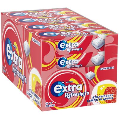 Wrigley's Extra Refreshers Chewing Gum, Strawberry Lemon Flavour, 16 Packs of 7 Pieces, Sugar Free Chewing Gum Bulk Pack with Xylitol, Handy Box (112 pieces)