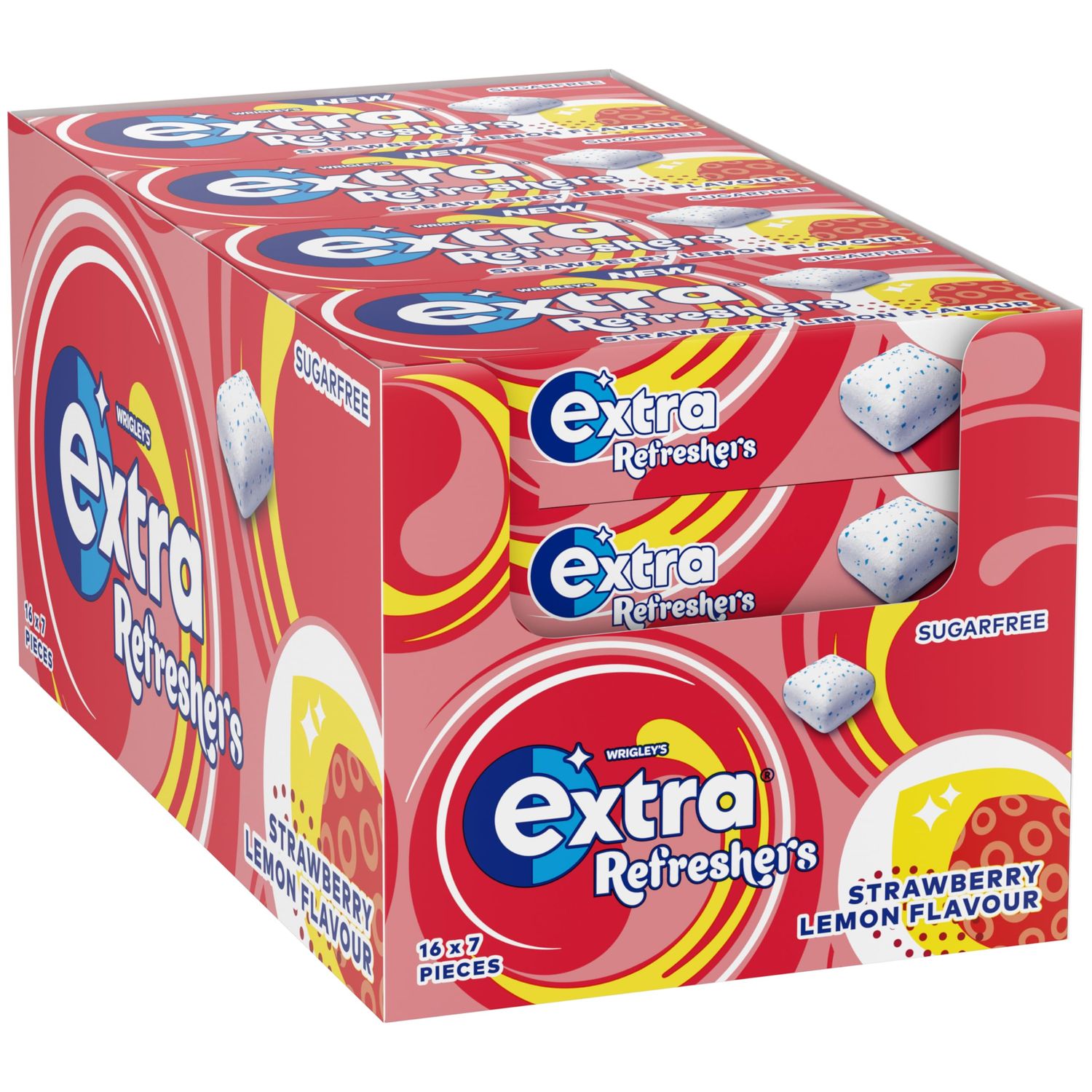 Wrigley's Extra Refreshers Chewing Gum, Strawberry Lemon Flavour, 16 Packs of 7 Pieces, Sugar Free Chewing Gum Bulk Pack with Xylitol, Handy Box (112 pieces)