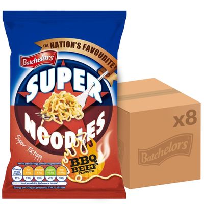 Batchelors Super Noodles Tasty BBQ Beef Flavour, Instant Snack Ready in 4 Minutes, 90 g Packet (Pack Of 8)