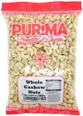 Cashew 1kg - 100% Raw Whole Cashew Nuts 1 kg Bag - Quality Nut - Source of Protein &amp; Fibre - Non-GMO &amp; Vegan PURIMA