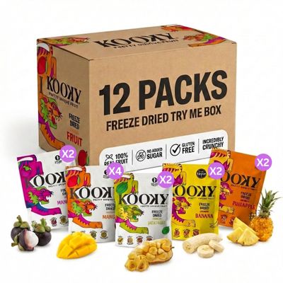 Kooky Try Me Box Crunchy Freeze Dried 12pks 100% Fruit Low Calorie Healthy Snacks for Kids & Adults 2 x Banana Jackfruit Mangosteen Pineapple 4 x Mango