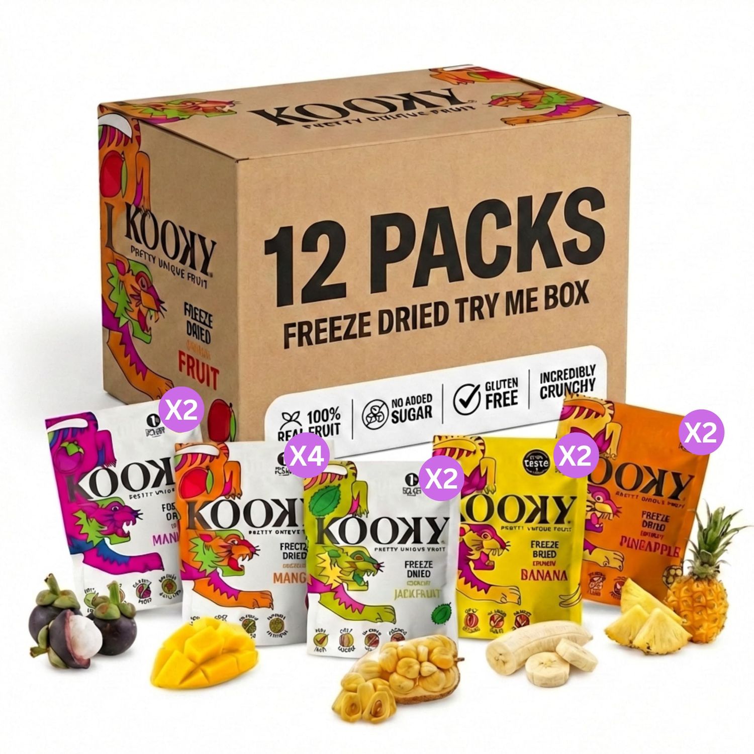 Kooky Try Me Box Crunchy Freeze Dried 12pks 100% Fruit Low Calorie Healthy Snacks for Kids &amp; Adults 2 x Banana Jackfruit Mangosteen Pineapple 4 x Mango